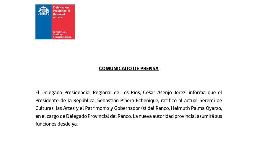 Comunicado: Ratificación Delegado Presidencial del Ranco